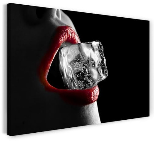Printistico Leinwandbild (60x40cm) Sinnliche Fotografie schwarz weiß - Rote Lippen mit Eiswürfel, echter Holz-Keilrahmen inkl. Aufhänger, handgefertigt in Deutschland