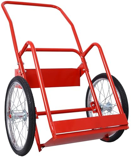 Dual Cylinder Cart Dolly Heavy-Duty Oxygen, Acetylene Tank Trolley with 20 Pneumatic Wheels and 2 Fastening Belts, 47.2 Height, 29.7 Length, 21.5 Width for Cylinder Tank Transport (Red)