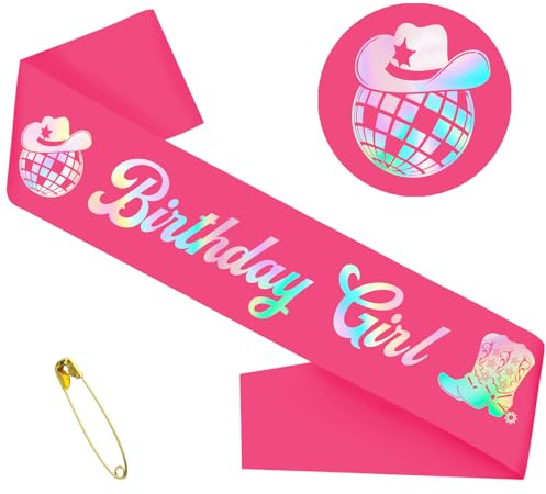 Banda de cumpleaños para niña con papel de aluminio iridiscente, banda de cumpleaños de vaquera rosa intenso para mujeres, decoración de fiesta de cumpleaños de vaquera occidental, suministros de