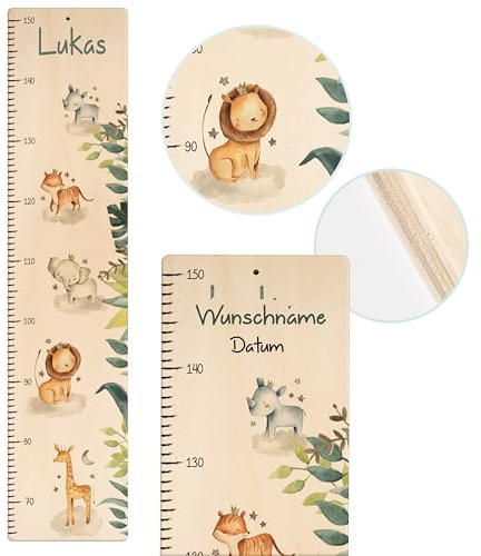 Kidsmood - Personalisierte Messlatte Kinder aus Holz – Hochwertige Messleiste & Wand-Deko für Baby- & Kinderzimmer mit süßem Tiere – Tolles Taufgeschenk für Mädchen & Jungen - Skala 65-140cm
