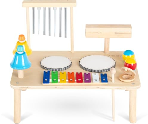 Classic Cantabile 12 in 1 Tavolo Batteria a Percussione - Set per Bambini e Neonati da 1 Anno - Giocattolo Montessori - Strumenti Musicali in Legno - Per Bambini con Glockenspiel e Tamburi