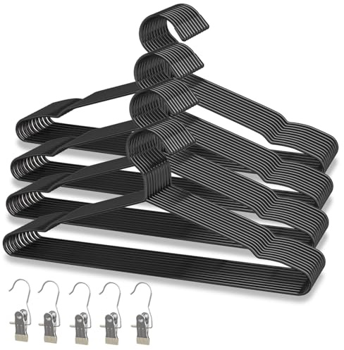ANJUBAN 40Pack+5 Clips Luxurious Hanger Set ，16.69 Heavy Duty Matte Black Metal HangersWithstands 50lbs Weight Smooth Powder Coated Finish Compact Shirt Hangers