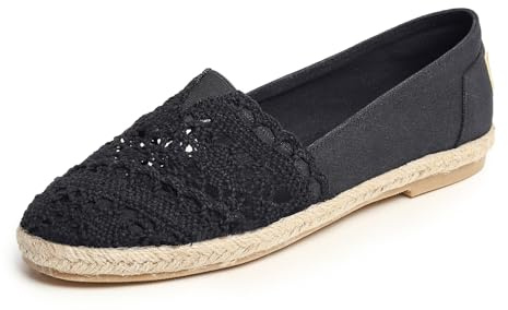 Feversole Close Toe Espadrilles för kvinnor, komfort, andningsbara, platta skor, Svart canvas virkad jute, 41 EU