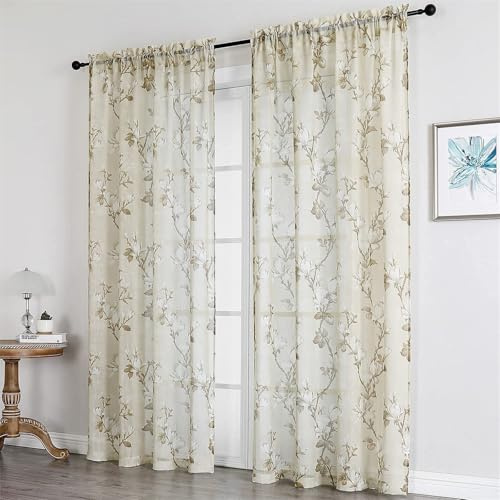 Odot Tende Semi Trasparenti per Interni, Stampa Fiore di Magnolia Tenda Voile con Tasca per Asta Tenda Filtranti Finestra 2 Pannelli Tende Camera da Letto Moderna per Soggiorno (Beige,200x270cm)