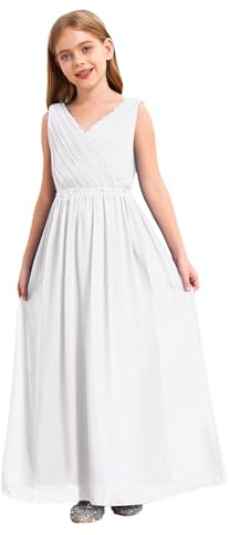 Eandarui Festliches Kleid Mädchen Kinder Ärmellos Blumenmädchenkleid Partykleid Weiß 134-140