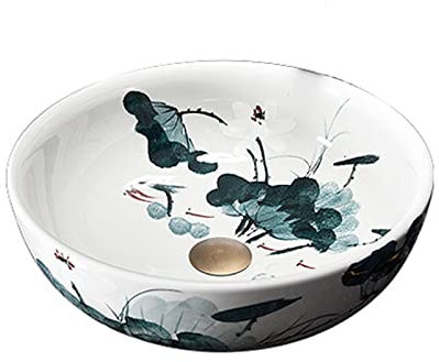 DFGHNBVC Vasque à Poser Vasque à Poser Vasque à Poser en céramique Vasque à Poser de Salle de Bain Vasque à Poser Ronde en Porcelaine Bleue et Blanche avec Motif de，with Faucet Drain Combination-C
