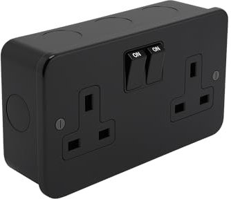 SH|P® Double Switched Socket – 13A Matt Black Metal Clad 2 Gang Plug Outlet with Metal Surface Back Box – Heavy Duty, Modern Finish, BS 1363 Certified (2 Gang Socket)