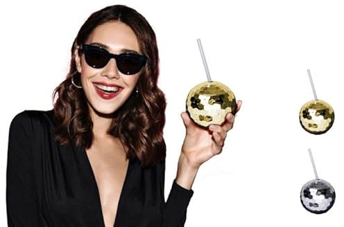 LP Divertissements Lot de 12 - Gobelet Cocktail Boule à façettes Or avec Paille 58cl