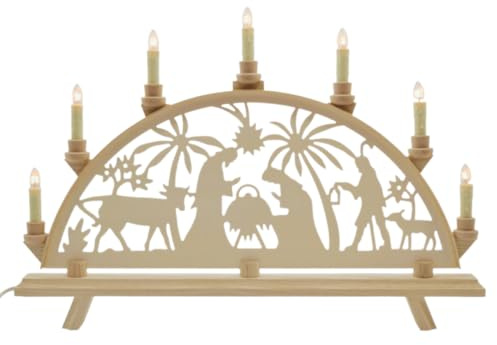 Erzwelt - Lichterbogen DBR55 – Motiv Maria & Josef | 55 x 37 x 5 cm – Schwibbogen aus Holz – Leuchtbogen mit 7 Kerzen – Original Erzgebirge Fensterbogen – Weihnachtsdeko