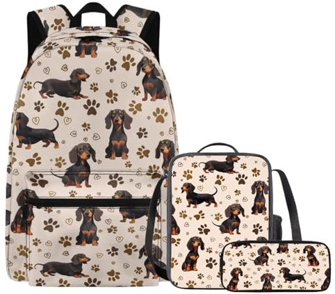 YDFISH Dachshund Print Elementary School Backpack for Girls Kids School Bag with Lunch Bag & Pen Case Girls Backpack 10-12 Years Old Casual Travel Bookbag Satchel Laptop Bags Daypack