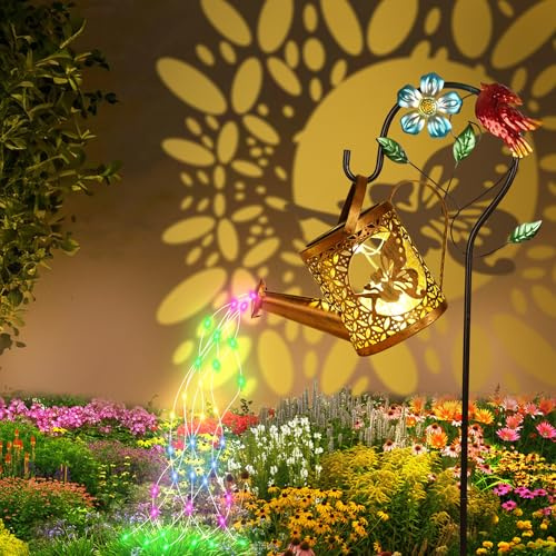 vsshe Solar Watering Can Lights Outdoor, IP65 Waterproof Garden Decor with one Pole Two Light, LED Solar String Light Metal Hanging Fairy Lantern for Patio Lawn Yard Outside Pathway Lantern Decoration