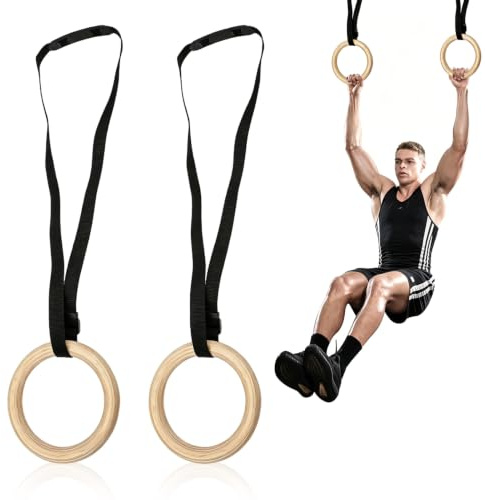 HERCHR 1 Paar Gymnastikringe, hölzerne Calisthenics -Geräte für das Ganzkörpertraining mit Einstellbarer Schnalle -Gurte 330 Pfund Kapazität