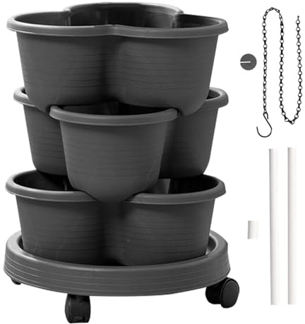 Pflanzturm Erdbeerturm Pflanzkübel auf Rollen Vertikaler Garten Kräuterspirale Säulentopf Set 3 Ebenen Kräutergarten Roller Blumentopf stapelbar,B