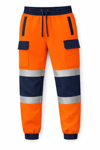 BLOOM BLENDS Men’s Hi-Vis Work Trousers with Built-in Knee Pads – High Visibility Fleece Cargo Pants with Reflective Tape, Reinforced Knees & Multi Pockets - S–5XL (UK, L, Orange/Navy)