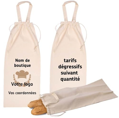 Sac à pain personnalisé en tissu, imprimé avec votre photo, logo et texte, 29x70cm, coton bio. Boulangerie.