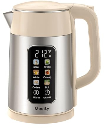 Mecity Electric Kettle 1.7L Touch Screen Temperature Control Water Boiler, No Plastic Contact with Water. 6 Presets For Tea and Coffee, 2 Hours Keep Warm, Auto Shut Off, Cream & Stainless Steel Color