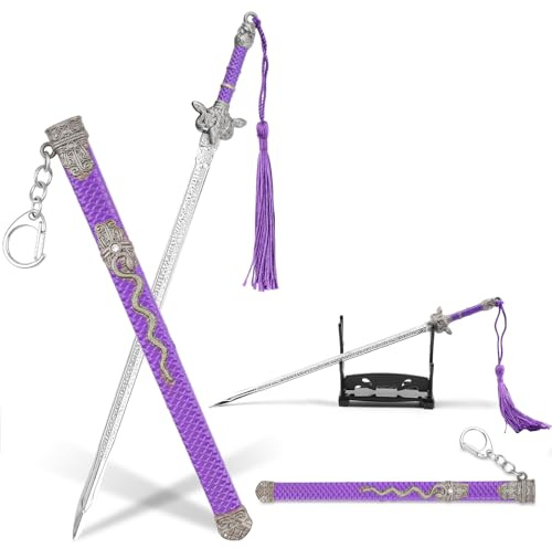 Notoke Ancient Sword Letter Opener with Purple Sheath & Display Stand - Chinese Jian Weapon Style Metal Keychain, Envelope Opener Gift for Collectors and Action Figure Arts (Purple)