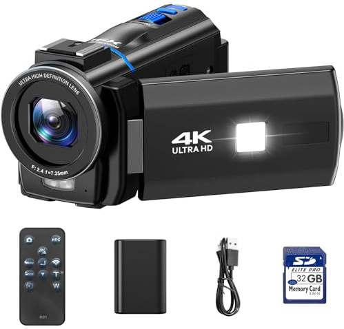 Caméra vidéo 4K Camescope Camera pour youtubeur, 48MP Zoom numérique 16X Vision Nocturne écran Tactile Rotatif à 270° Webcam Camcorder Video Camera avec Carte SD 32Go, télécommande, lumière d'appoint