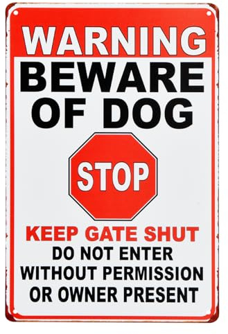 Beware of the Dog Sign Warning Tin Signs, 20 * 30cm Do Not Enter Tin Metal Decor with 4 Pre-Drilled Holes, Premises Sign Rust Weatherproof, Safety Dog Sign for Outdoor Gate Wall Fence