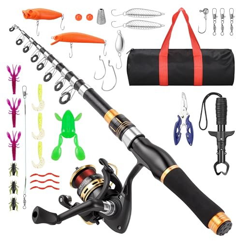 Hahorpa Fiskespö för barn, 36–210 cm, teleskopiskt fiskespö med rulle, fisketång, fiskgripare, krokar och väska, perfekt present för resor, camping och barnvandring
