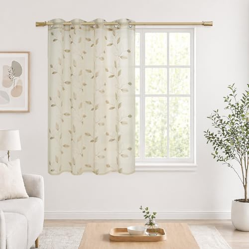 DALINA Visillos Cortina Transparente Ligera con Ojetillos para Ventanas, Puertas y Cocina, Estampada con Ramas y Hojas, Beige, 140An x 140Al cm, 1 Paneles