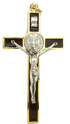 GTBITALY 10.389.21 SS croce di san benedetto marrone smaltata a mano misura 12 cm oro con anello esorcista esorcismo