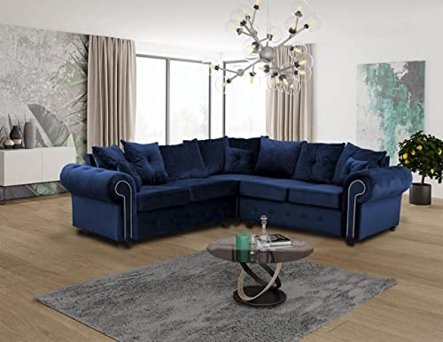 HHI SofaHeaven - Corner sofas & couches - Luxurious Large BLUE PLUSH Fabric CORNER Sofa- Scatter back Cushions - Modern L Shaped Corner Sofa 210 X 210 cm