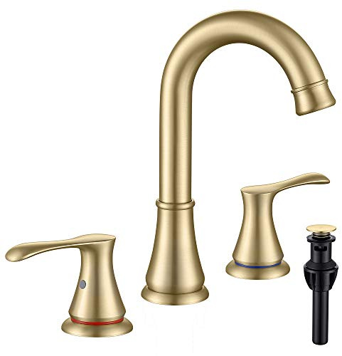 WiPPhs Bathroom Faucet for Sink 3 Hole with Pop Up Drain and cUPC Faucets Supply Hose, 2 Handle 8 inch Brass Widespread Bathroom Sink Faucet, Brushed Gold Basin Faucet Taps Mixer
