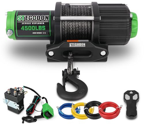 STEGODON Cabrestante eléctrico de capacidad de carga de 4000 libras, cabrestante de cuerda sintética negra de 12 V con mando a distancia inalámbrico de mano y mango con cable, cabrestante eléctrico