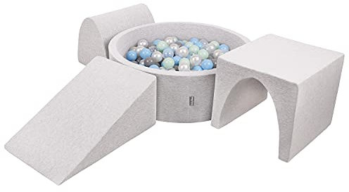 KiddyMoon Skumlekplats med runt bollhav (200 bollar) för barn, hinderbana, ljusgrå: pärla/grå/genomskinlig/babyblå/mintgrön