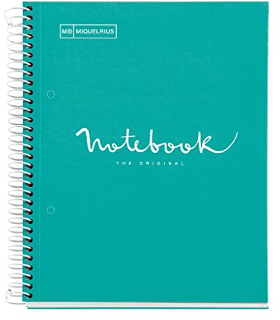 Miquelrius - Cuaderno A5 Cuadriculado, 80 Hojas, Tapa Dura Cartón, Turquesa | Papel 90 g/m², Microperforado, Cuadrícula 5 mm, Borde Lateral de Color, Espiral, 2 Taladros para Archivar, Notebook Emotions