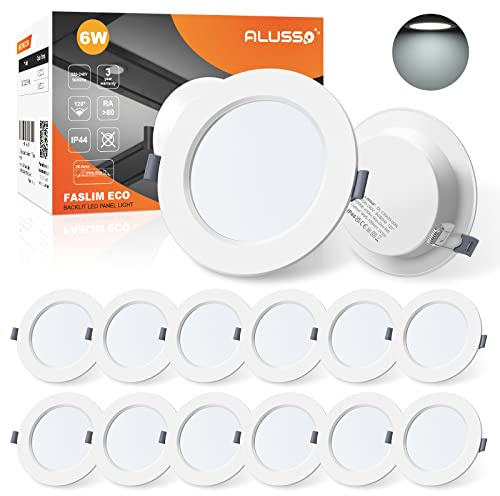 ALUSSO LED Einbaustrahler 230V 6W Kaltweiß IP44, Lochmaß 95-100MM, 12er Set | Ultraflach LED Spots Deckenleuchte Deckenspots Einbauleuchten Einbauspots für Badezimmer Küche Wohnzimmer