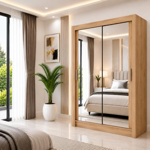 IE INTERIOR EMPORIUM Milan Full Mirror Double Sliding Door Wardrobe (or three in the 250cm size With Shelves, Hanging Rails and LED Light in 6 Sizes & 4 Colors (180cm, Oak/Sonoma)