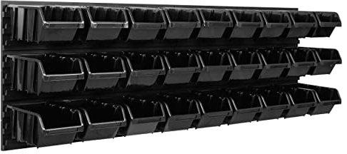 SimpleThing Lagersystem Werkstattregal | 115 x 39 cm | 27 stck. Box | Wandregal mit Stapelboxen - Wandplatten Extra Starke Schüttenregal Warkzeuglochwand Lagerregal Garage Regal