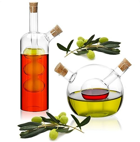 Set dispenser olio Robin Goods® 2 pezzi - bottiglia aceto e olio 2 in 1 con tappo in sughero - contenitore in vetro per riempimento - bottiglie in vetro con inserto e 2 aperture - caraffe in vetro