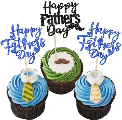 24 Pack Happy Father's Day Cupcake Toppers Glitter Best Dad Cupcake Picks Love Dad Moustache Cake Decorations for Happy Father's day Theme Men Birthday Party Supplies Blue Black
