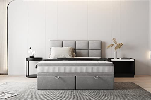 TRADA Boxspringbett 140 x 200 cm mit Taschenmatratze Tropea - Bett mit Bettkasten und Gasöffnungsmechanismus und gepolsterte Kopfstütze - Grau