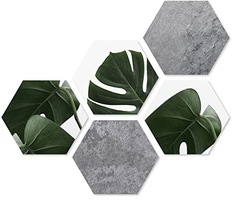 Uppsättning av 5 väggmålningar på vardera 28 x 32 cm, väggdekoration, hexagon monstera, betongutseende, träbild, dekoration, blad, vaxkaka, hexagon