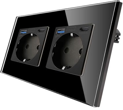CNBINGO Glas Doppelsteckdose mit USB Ports (Typ-C und Typ-A unterstützung 20W Schnellladen) - Zweifach Steckdose Unterputz in Schwarz - Schuko Schutzkontakt Wandsteckdose mit Glasrahmen