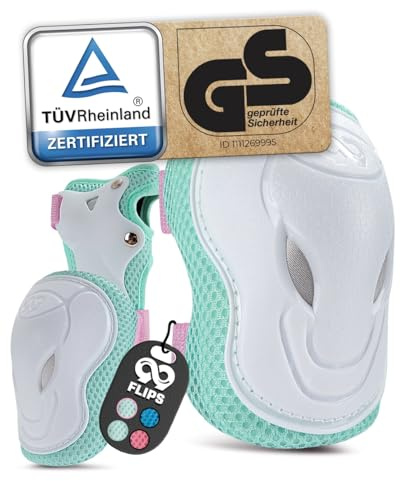 99FLIPS Skyddsset barn [6 delar] – XS Rosa/Mint/Vit – Tysk design – Knä-, armbågs- & handledsskydd för skateboard, sparkcykel & inlines