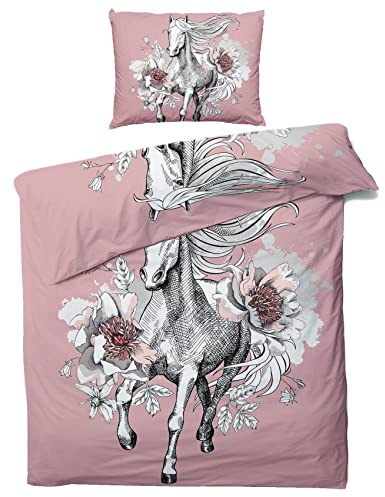 ZDABAOEC Pferde Bettwäsche 140x200 Kinder Mädchen, Blumen Pferd Kinderbettwäsche 2er Set - 100% Microfaser Bettbezug + 1 Kissenbezug 70x90, mit Reißverschluss, Wende Motiv
