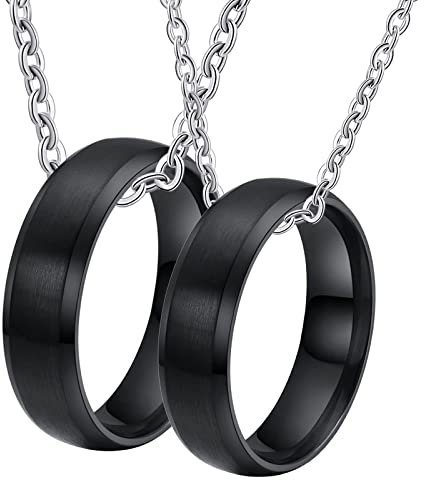 BCughia Pärchen Kette Ringe, Partnerketten mit Gravur Schwarz Halskette Gravieren 6 mm Schwarzer, Gebürsteter Ring mit Abgeschrägter Kante Necklace