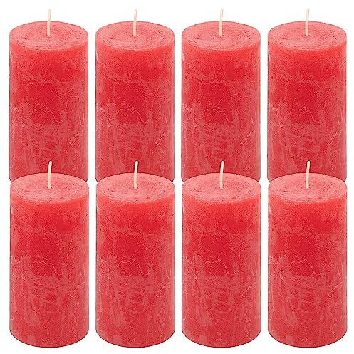 Rustik-Kerze Höhe 10 cm Ø 5 cm lange Brenndauer Rund-Kerze Säulenkerzen Kerzen-Deko Tafelkerzen Weihnachts-Kerzen Hochzeits-Deko (rot, 8)