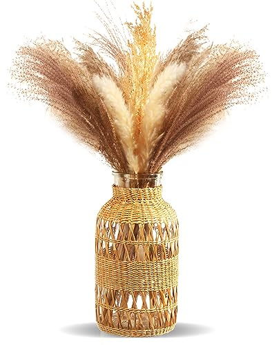 ZENS Rustikale Vasen Boho Deko, Handmade Gewebter Vase Glas für Tischdeko, Blumenvase in Landhausstil Für Pampasgras, Bücherregal, Wohnzimmer und als Geschenk