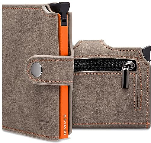 BEWMER v2 Kartenetui mit RFID-Schutz & Anti-Cloning - Damen & Herren Geldbörse mit Münzfach & Platz für 9 Kreditkarten | Kunstleder Portemonnaie Herren & Damen mit Clipverschluss | Beige-Orange