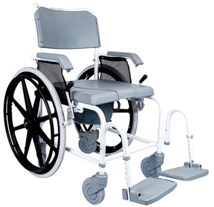 Multifunktionaler rollender Duschstuhl/wasserdichter Badezimmerrollstuhl/Toilettenstuhl mit abnehmbaren 22-Zoll-großen Rädern, 19 kg, Töpfchenstuhl aus Aluminiumlegierung für ältere Menschen