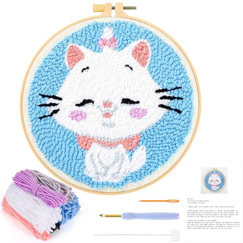 JSRQT Stanznadel Stickerei Starter Kit für Anfänger,Punch Needle Embroidery Starter Kit, DIY Stanznadel Kit mit Stickrahmen,Punch Needle Stoff,Fäden,Einfädelhilfe（Weiße Katze）