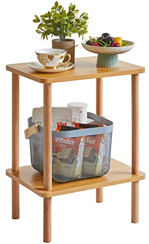 IBUYKE 2-Tier Side Table, Solid Wood Tall End Table with Storage Shelves, Nightstand Bedside Table for Living Room Bedroom Office, No-Tool Assembly, Natural WST002N
