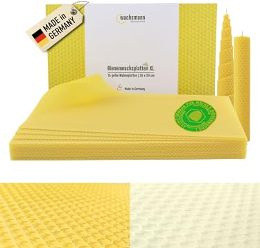 Wachsmann 15 XL Bienenwachsplatten 35 x 20 cm, reines Bienenwachs aus Deutschland, gelb, Wachsplatten für Kerzen selber Machen, DIY Geschenk - Honigkerze