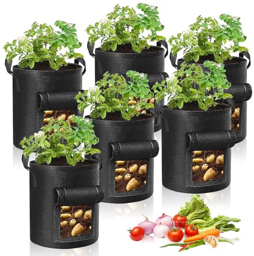 KAYBTNT Kartoffel Pflanzsack, Pflanzkartoffeln Pflanzsäcke, Kartoffelsack aus Vliesstoff, Pflanztasche Pflanzbeutel, Kartoffelpflanzsäcke für Kartoffeln Tomaten Erdbeeren Gemüse,6 Pack,26L/7 Gallon